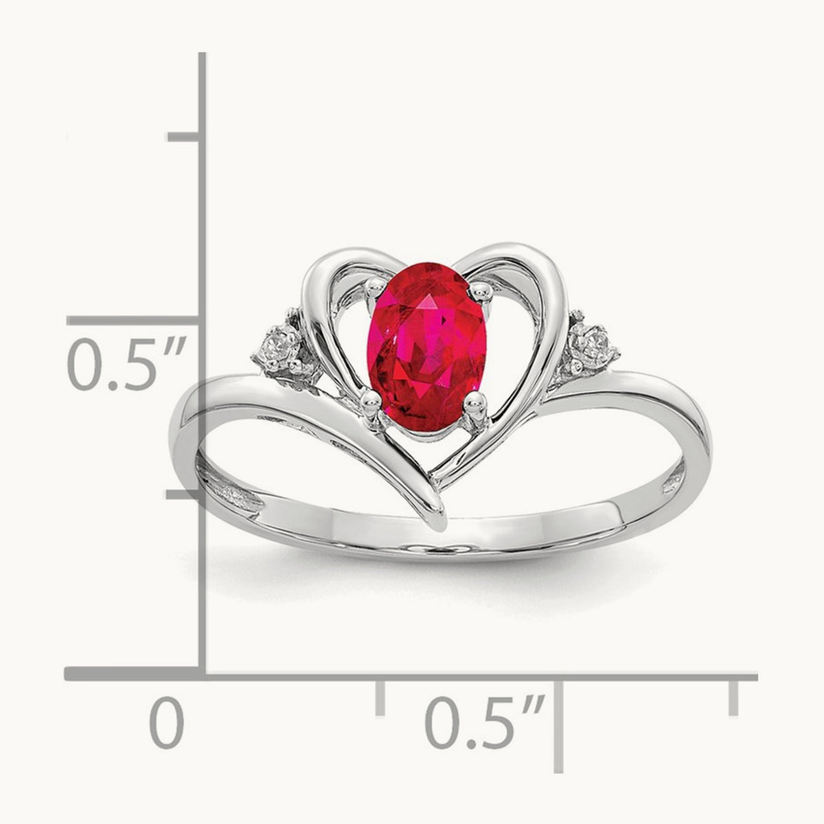 Ruby and Diamond Heart Ring — 14K White Gold, 7
