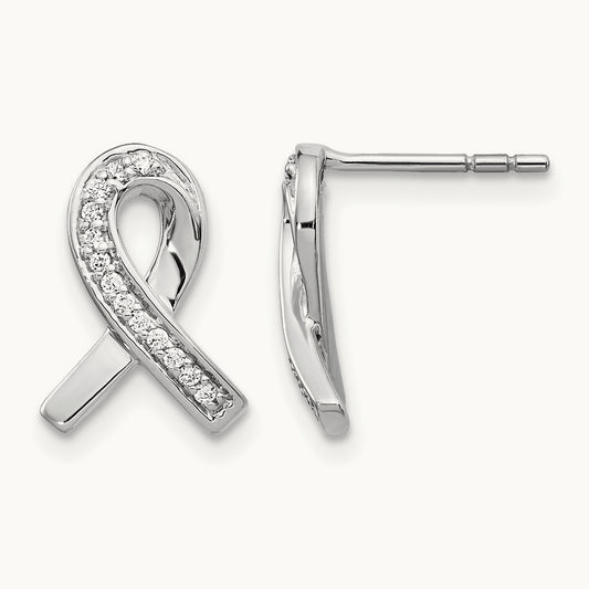 Diamond Awareness Ribbon Earrings, 14K White Gold