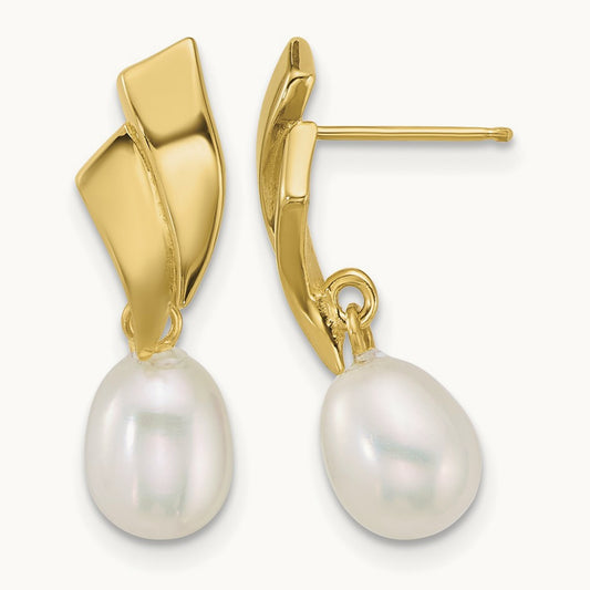 Polished 5- Teardrop FW Cultured Pearl Post Dangle Earrings, 7mm, 14K