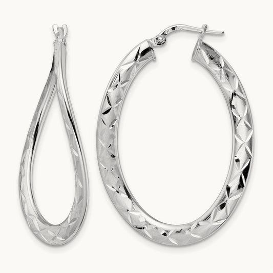 Rhod-plated Pol & D/C Curved Oval Hoop Earrings, Sterling Silver — Leslie's