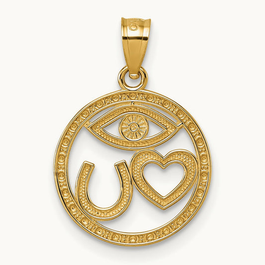 Polished Heart Evil Eye And Horse Shoe In Circle Pendant, 14K