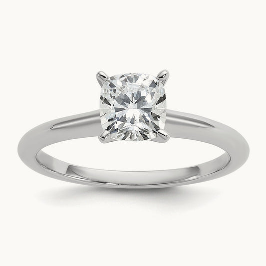 1ct Cert Lab Grown Diamond VS+ F+ Cushion Comp Solitaire Eng Ring, 14K White Gold