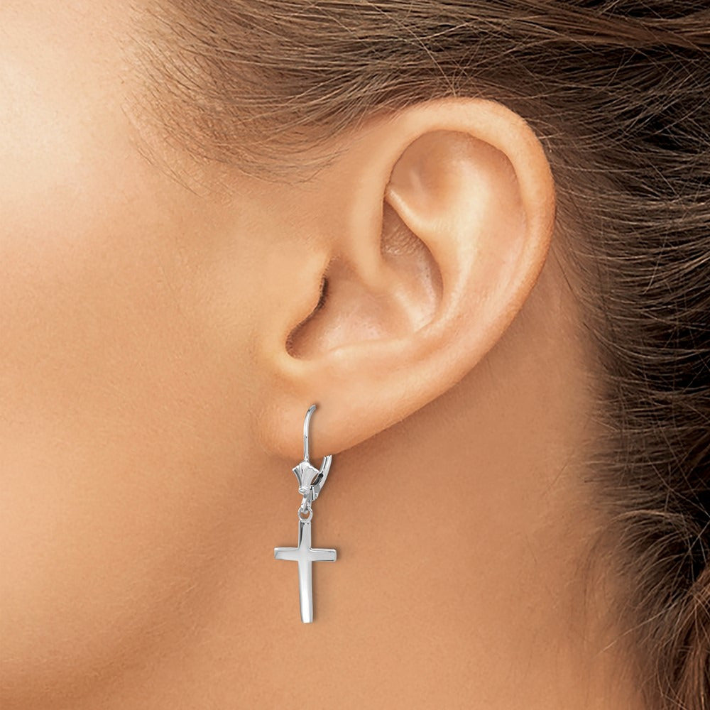 Polished Cross Leverback Earrings — 14K White Gold, 33.22mm