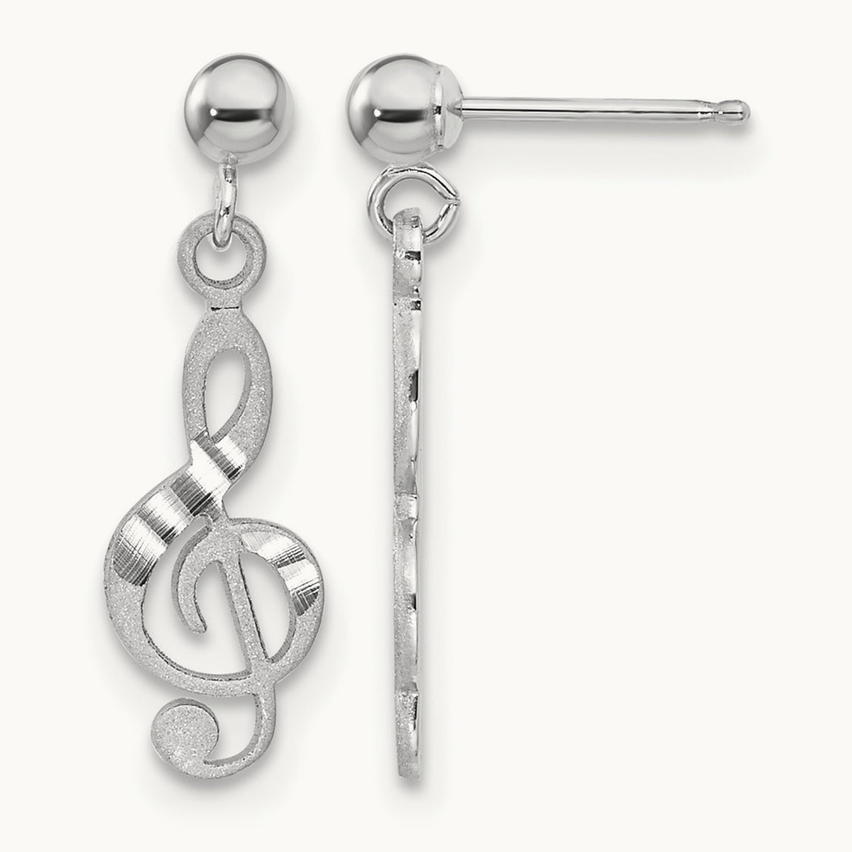 Treble Clef Dangle Earrings, 14K White Gold