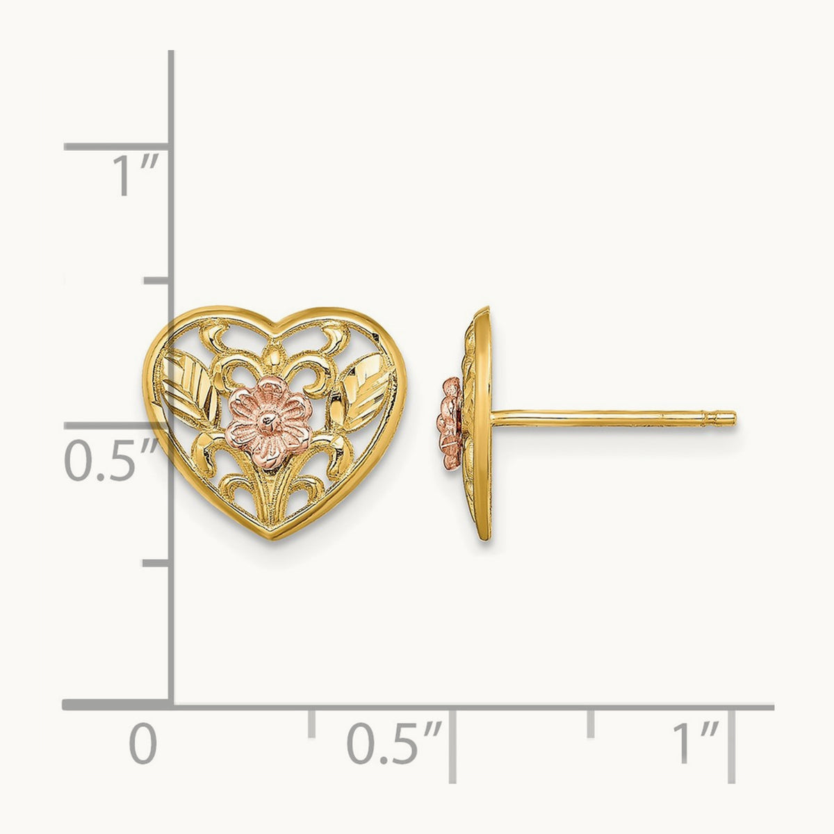 Polished Floral in Heart Post Earrings, 14K Two-tone