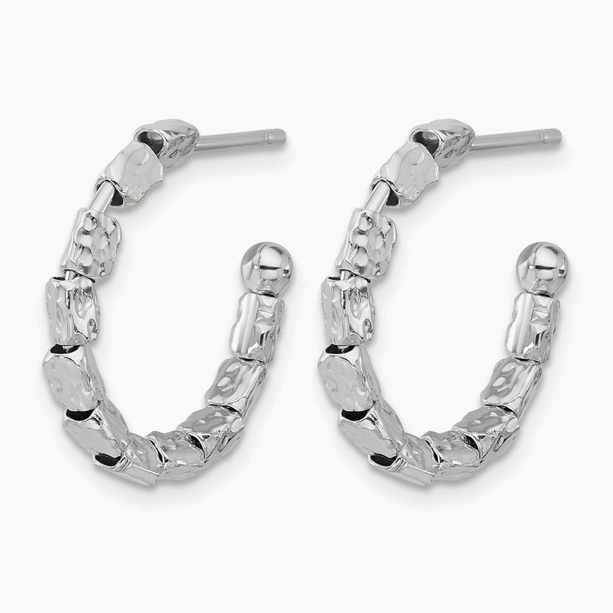 Rh-plated Polished/Hammered J-Hoop Post Earrings, Sterling Silver — Leslie's