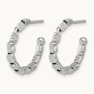 Rh-plated Polished/Hammered J-Hoop Post Earrings, Sterling Silver — Leslie's
