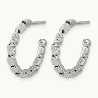 Rh-plated Polished/Hammered J-Hoop Post Earrings, Sterling Silver — Leslie's