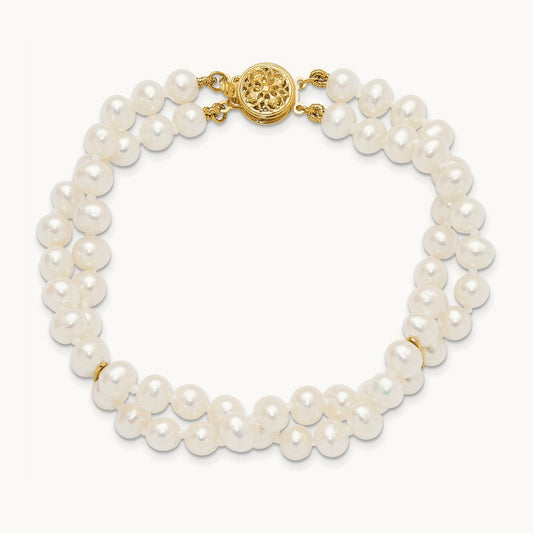 5- White Near Round FW Cultured Pearl 2-strand Bracelet, 6mm, 14K