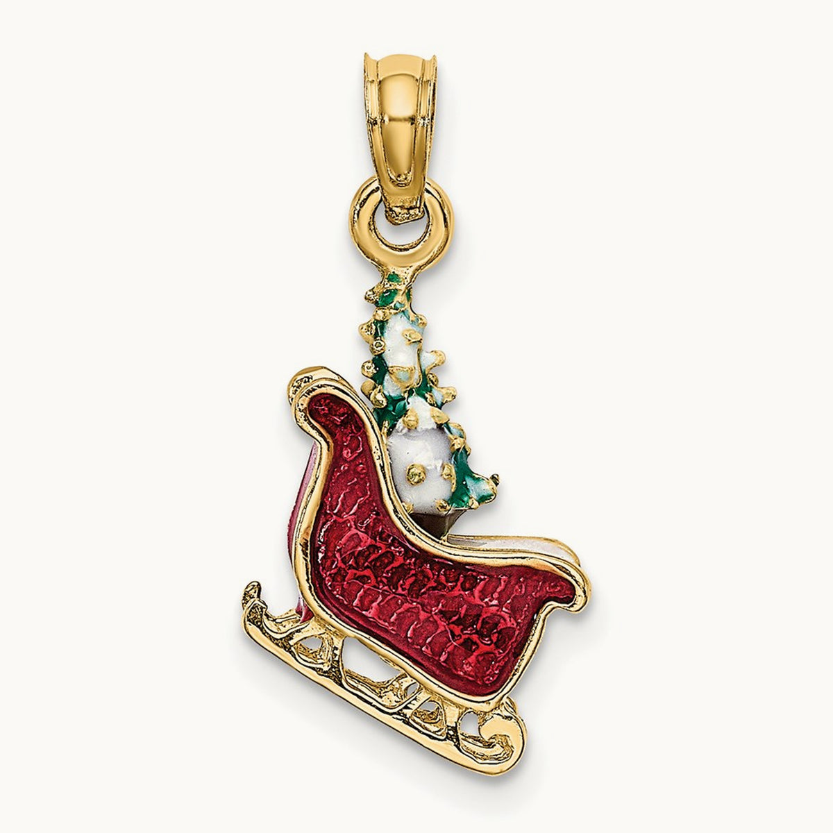 3-D Enamel Sleigh w/Christmas Tree Charm, 14K