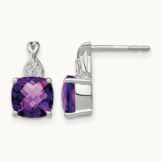 Checkerboard Amethyst and Diamond Earrings — 14K White Gold