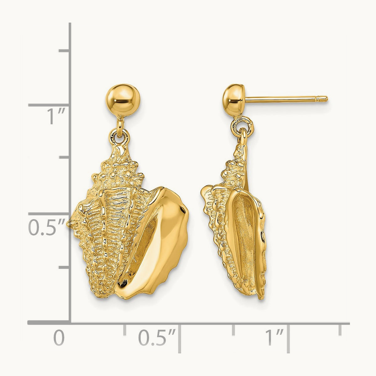 2-D Conch Shell Dangle Post Earrings, 14K