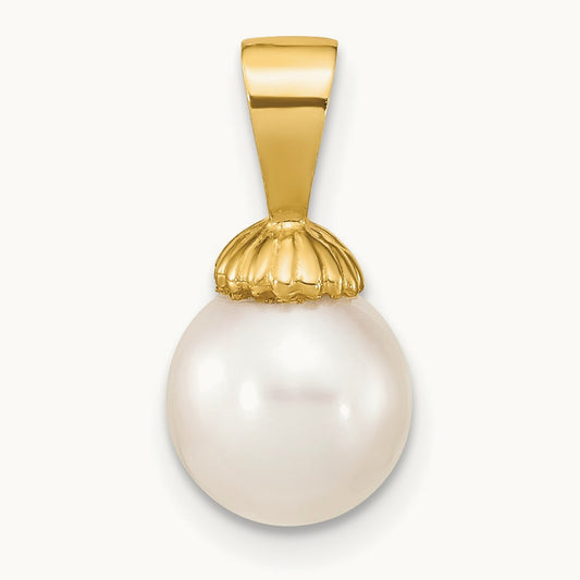 8- White Round Freshwater Pearl Pendant, 9mm, 14K