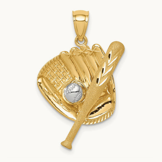 D/C White Rhodium Baseball Bat Glove Ball Pendant, 14K