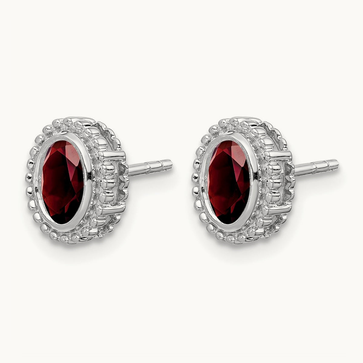 Oval Garnet Post Earrings — 14K White Gold