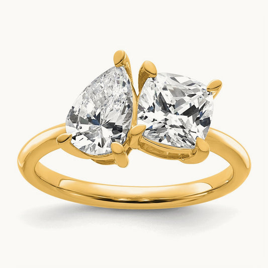 Cushion & Pear 2 Stone Engagement Ring, 2.00 ct tw Lab-Grown Diamond — 14K Yellow Gold