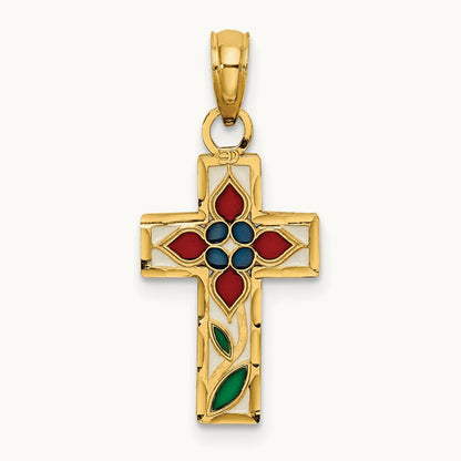 Enameled W/ Flower Cross Charm, 14K