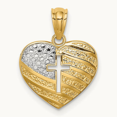 w/Rhodium US Flag With Cross Heart Pendant, 14K