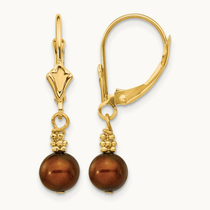 5- Brown Semi-round FW Cultured Pearl Leverback Earrings, 6mm, 14K