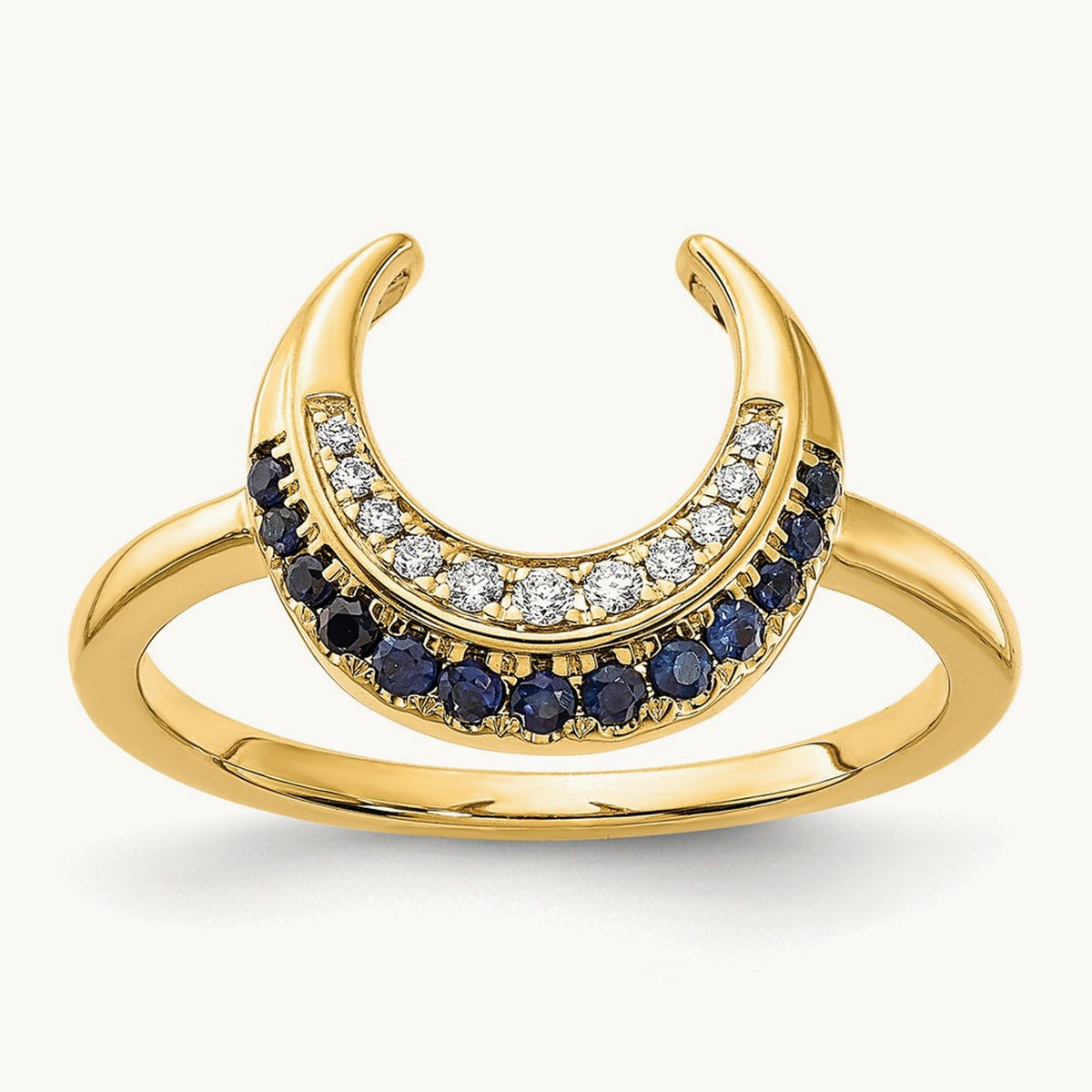 Polished Sapphire and Diamond Moon Ring, 14K