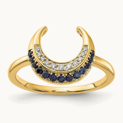 Polished Sapphire and Diamond Moon Ring, 14K