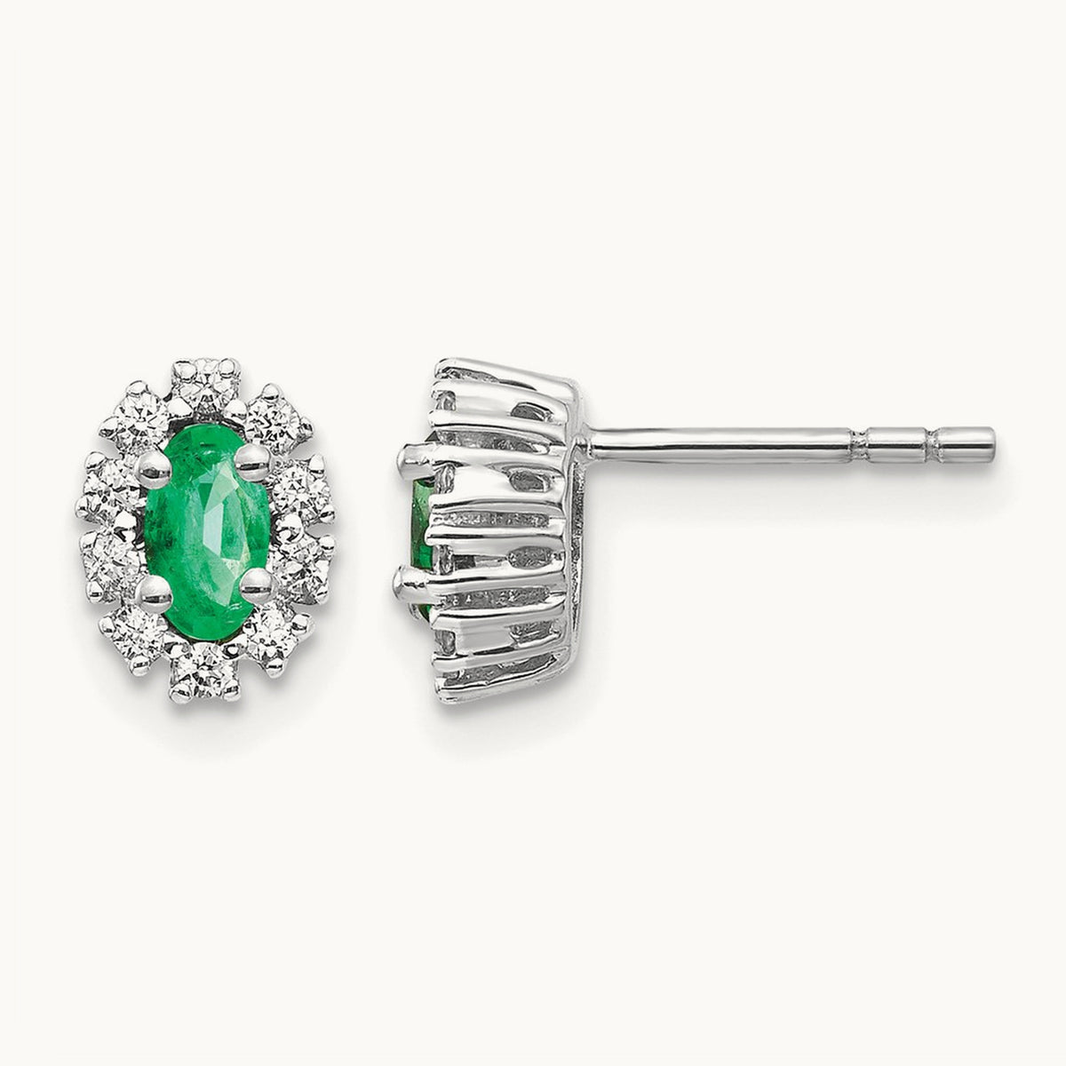 Diamond and Emerald Oval Halo Earrings — 14K White Gold