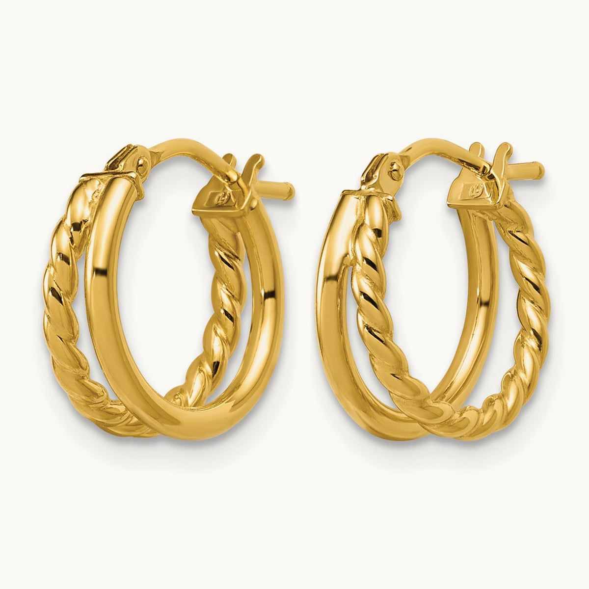 Polished and Twisted 2-row J-Hoop Earrings — 14K Yellow Gold