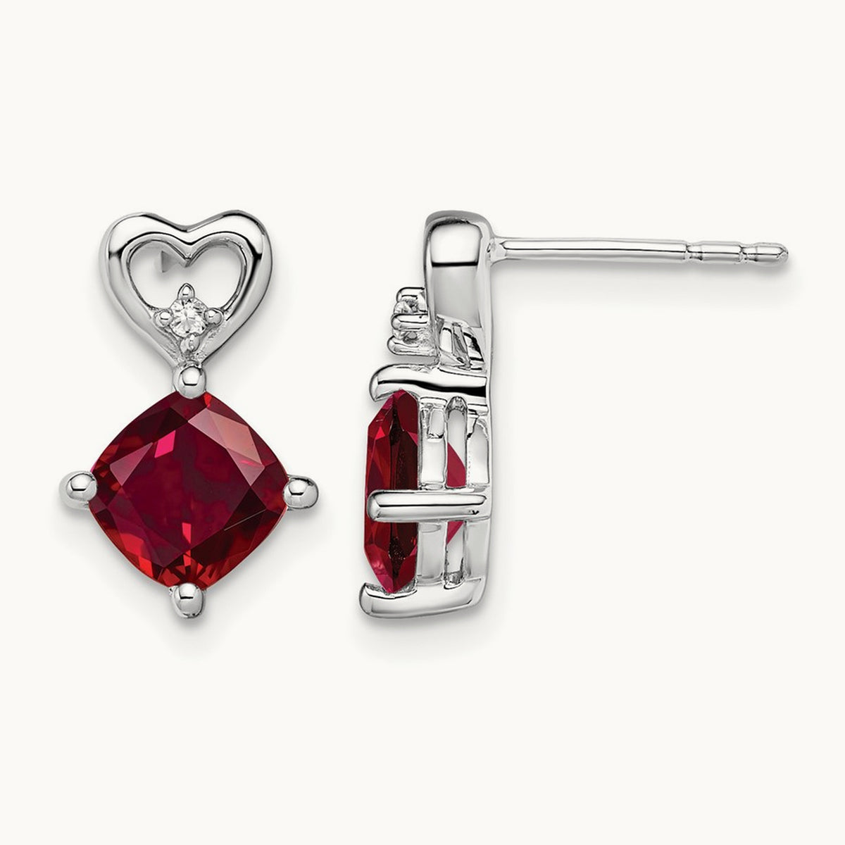 Created Ruby and Diamond Heart Earrings, 14K White Gold