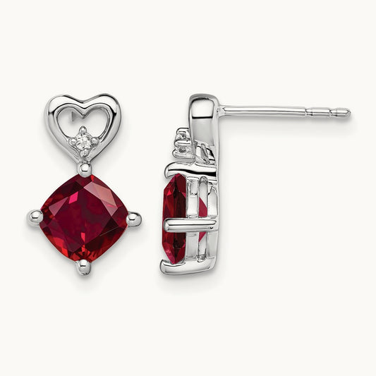 Created Ruby and Diamond Heart Earrings, 14K White Gold