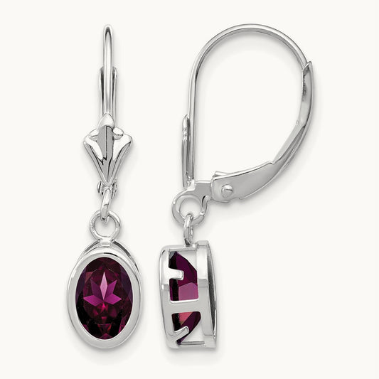 Rhodolite Garnet Oval Leverback Earrings, 14K White Gold
