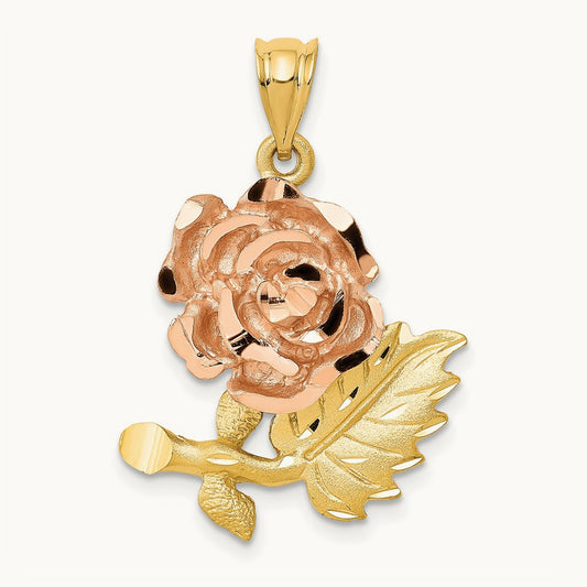 Solid Satin Diamond-cut Flower Pendant, 14K Two-tone