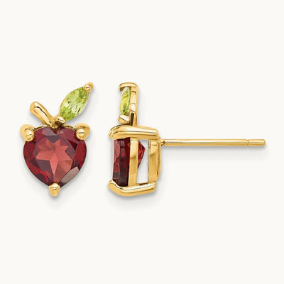 Garnet and Peridot Apple Post Earrings, 14K Gold