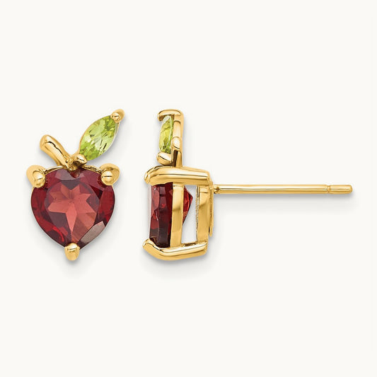 Garnet and Peridot Apple Post Earrings, 14K Gold