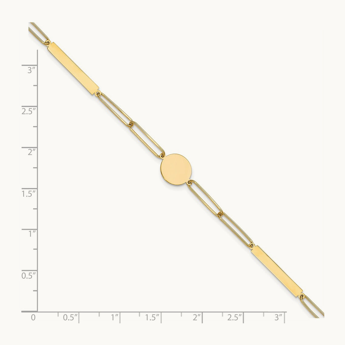 Polished Paperclip Link with Circle and Bar 8.25in Bracelet, 14K