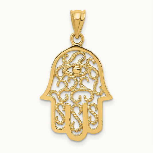 Polished Filigree Hamsa Pendant, 14K