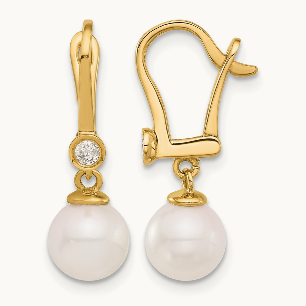 7- Round White Akoya Pearl and .10ct Diamond Dangle Earrings, 8mm, 14K