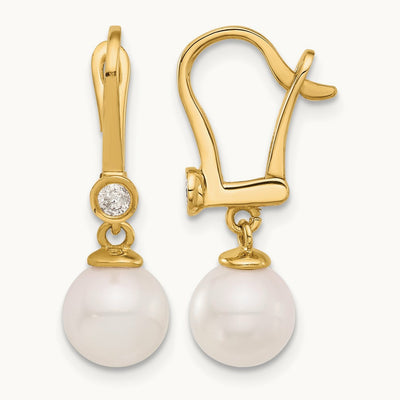 7- Round White Akoya Pearl and .10ct Diamond Dangle Earrings, 8mm, 14K