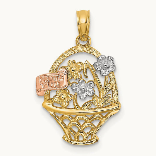 w/White Rhodium Flower Basket w/I LOVE YOU Charm, 14K Two-tone