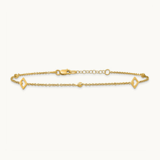Link Hearts and D/C Beads 9in Plus 1in ext Anklet, 14K