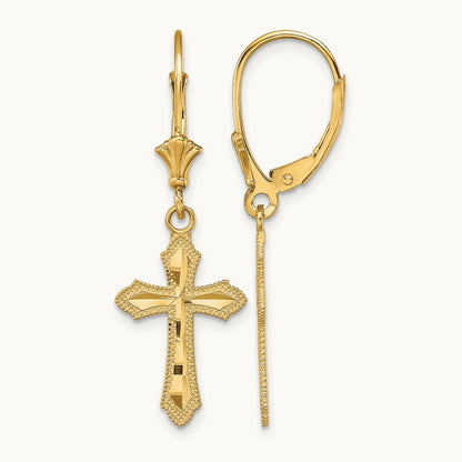 D/C Cross w/ Beaded Edge Leverback Earrings, 14K
