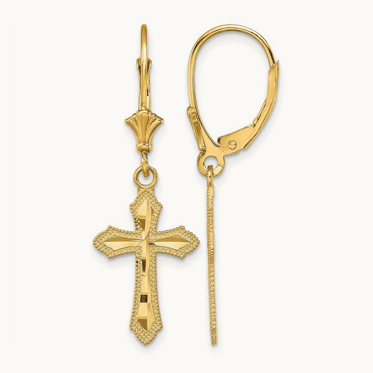 D/C Cross w/ Beaded Edge Leverback Earrings, 14K