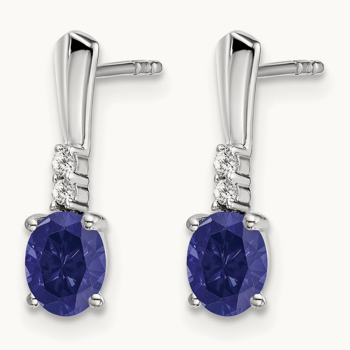 Oval Created Sapphire and Diamond Dangle Earrings — 14K White Gold