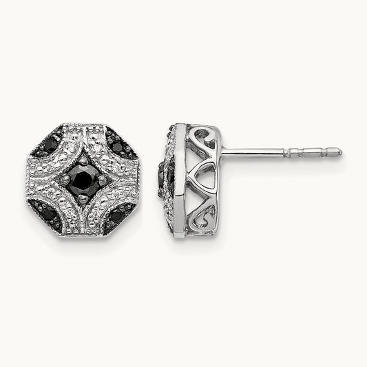 Fancy White and Black Diamond Post Earrings, 14K White Gold