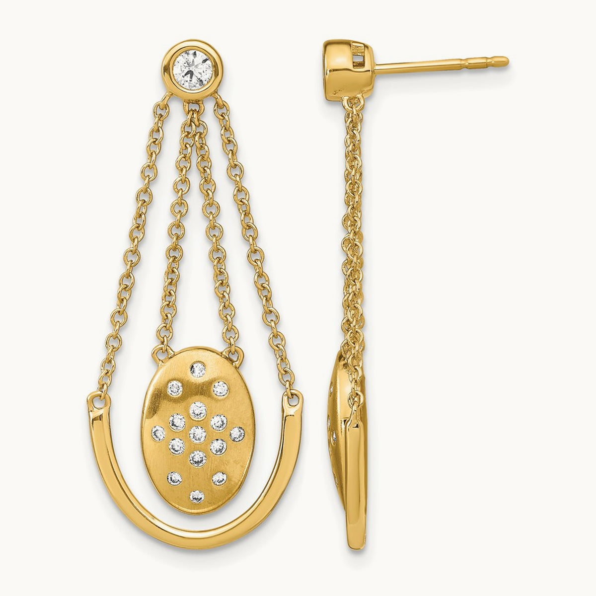 Satin/Polished Diamond Oval w/Chain Dangle Post Earrings, 14K