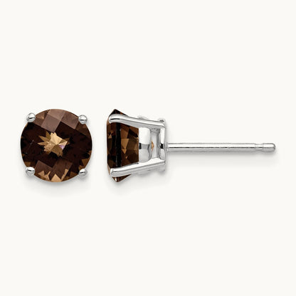 Round Checker-Cut Smoky Quartz Earrings, 6mm, 14K White Gold