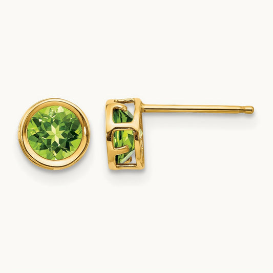 Bezel Peridot Stud Earrings — 14K Yellow Gold