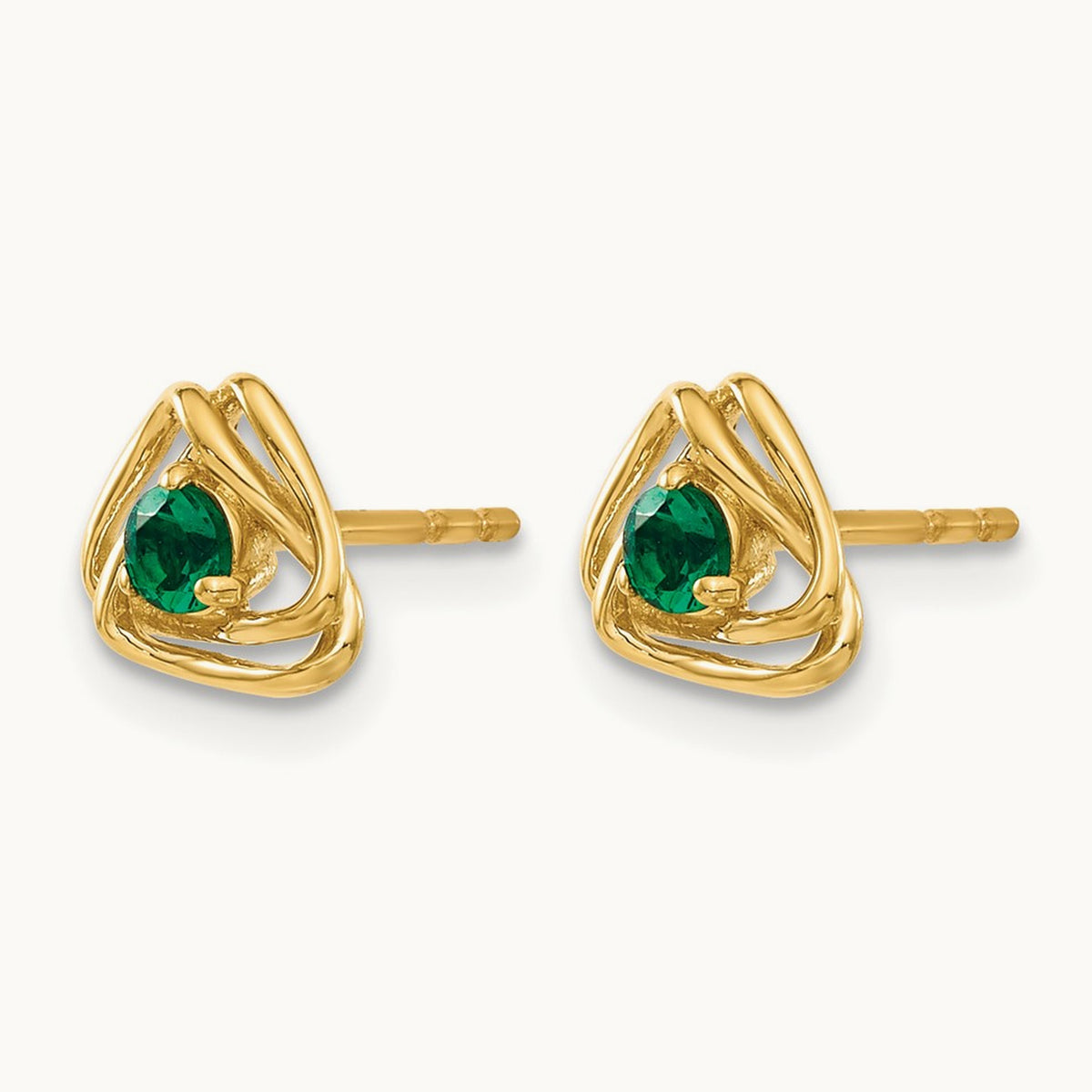 Created Emerald Post Earrings — 14K Yellow Gold