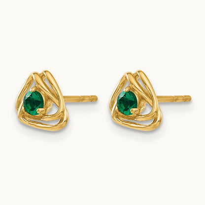 Created Emerald Post Earrings — 14K Yellow Gold