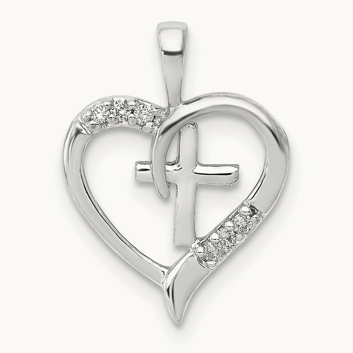 AA Diamond Heart Cross Pendant, 14K White Gold
