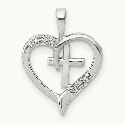 AA Diamond Heart Cross Pendant, 14K White Gold